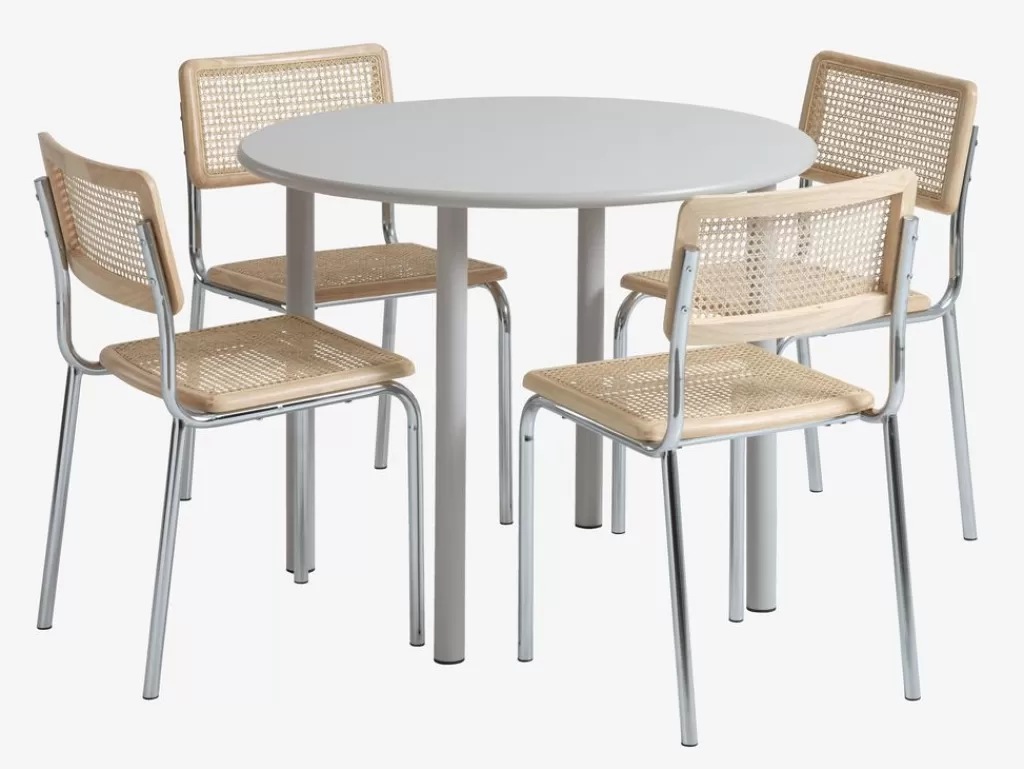 New HANSTED + HASSING HANSTED Ø100 Tisch warm grau + 4 HASSING Stühle Rattan