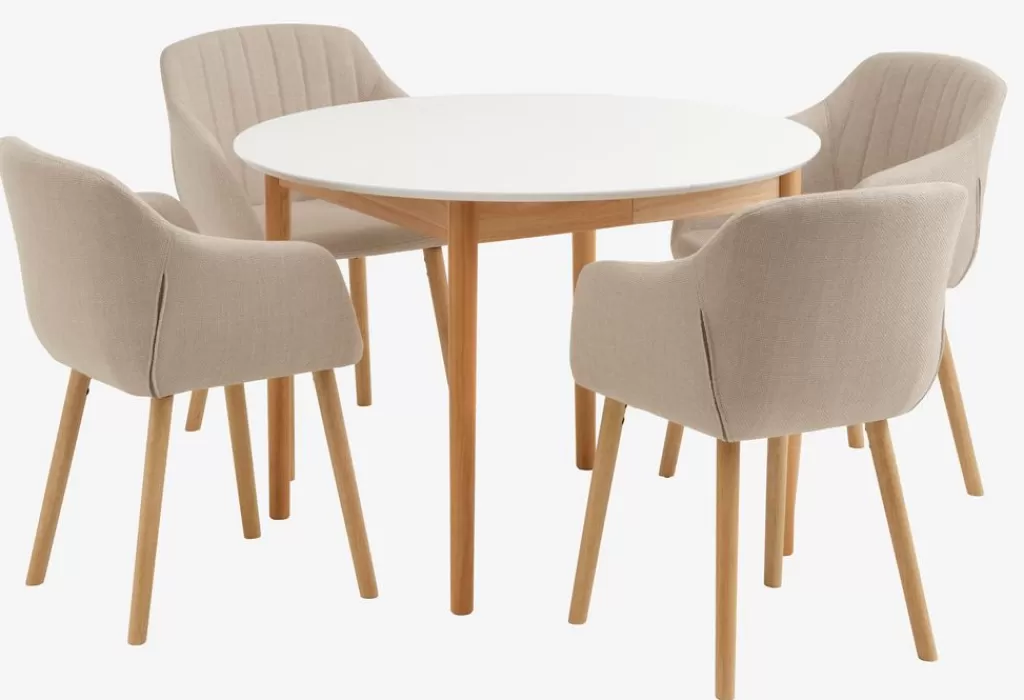 Shop MARSTRAND + ADSLEV MARSTRAND Ø110 Tisch weiß + 4 ADSLEV Stühle beige