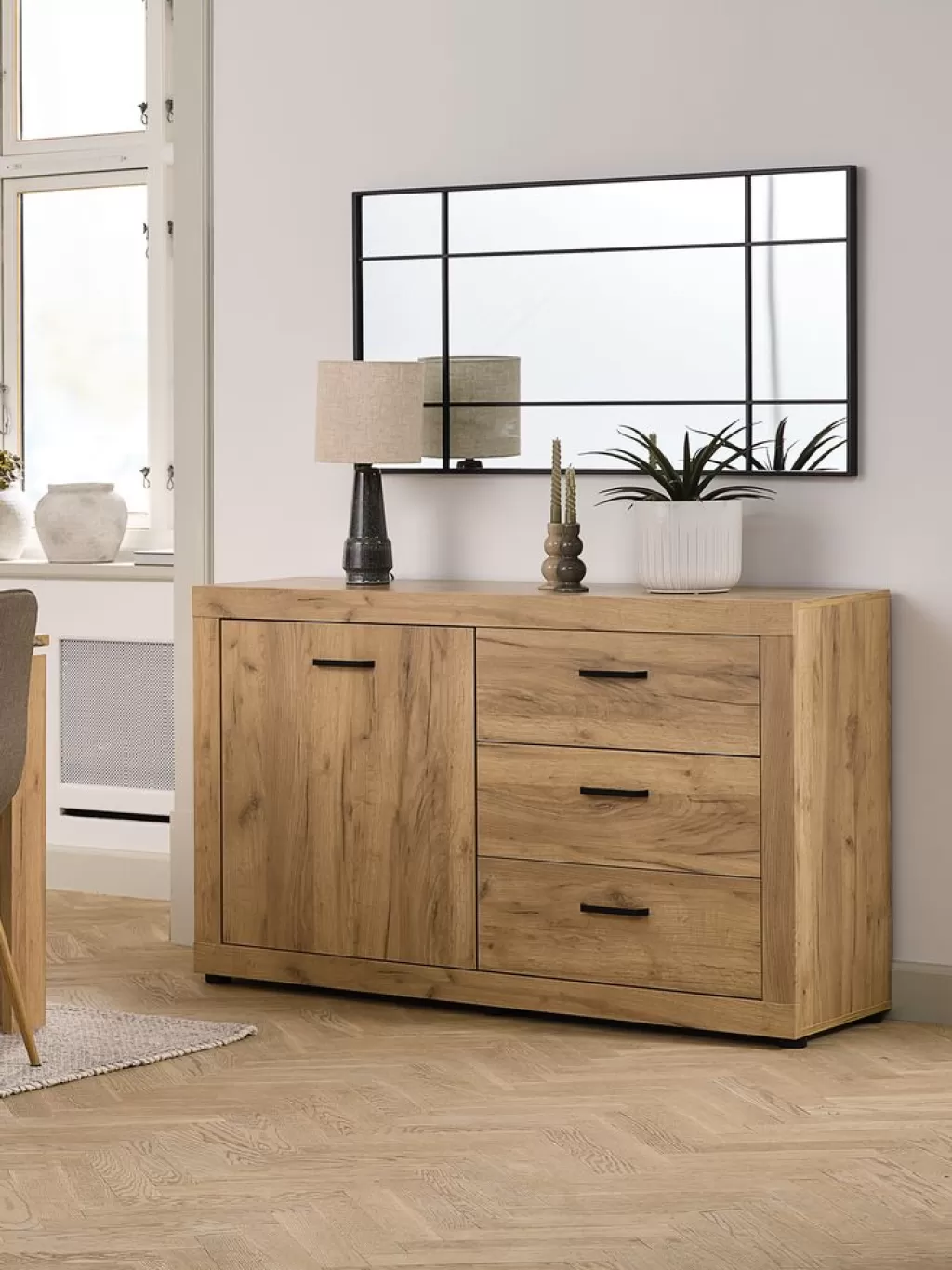 Outlet LINTRUP Sideboard 1 Tür 3 Schubladen eichenfarben